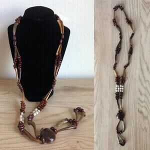 Vintage Handmade Long Nut & Seed Pendant Necklace 1970s